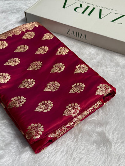 Cross Red Floral Boota Pattern Satin Katan Silk saree SK45