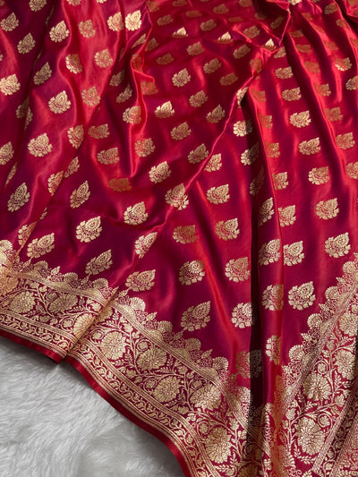 Cross Red Floral Boota Pattern Satin Katan Silk saree SK45