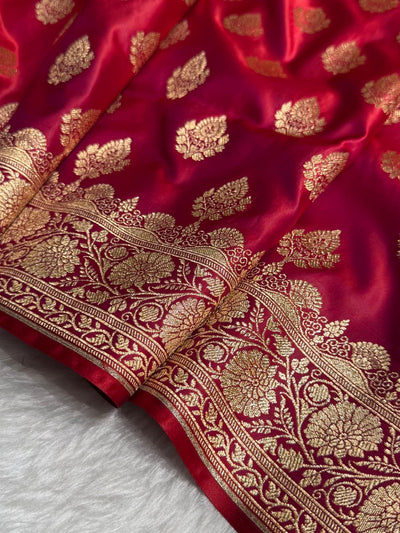 Cross Red Floral Boota Pattern Satin Katan Silk saree SK45
