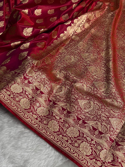 Cross Red Floral Boota Pattern Satin Katan Silk saree SK45