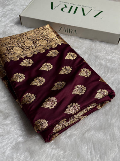 Garnet Floral Boota Pattern Satin Katan Silk saree SK45