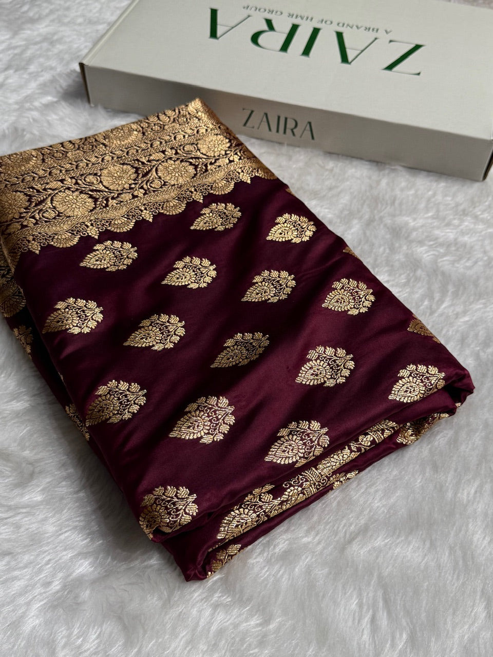 Garnet Floral Boota Pattern Satin Katan Silk saree SK45