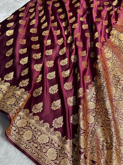 Garnet Floral Boota Pattern Satin Katan Silk saree SK45