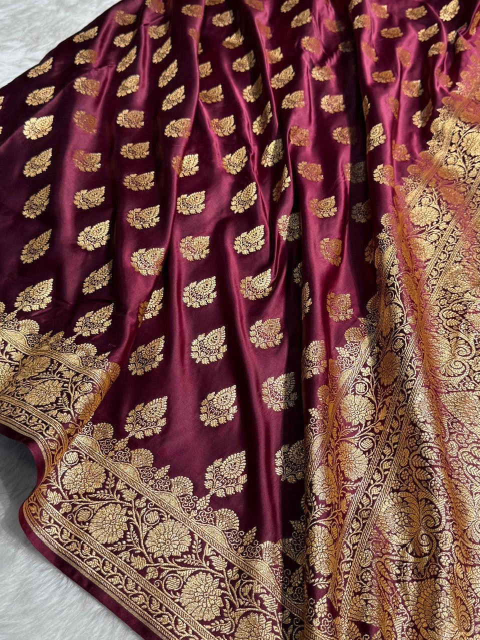 Garnet Floral Boota Pattern Satin Katan Silk saree SK45