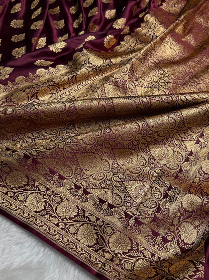 Garnet Floral Boota Pattern Satin Katan Silk saree SK45