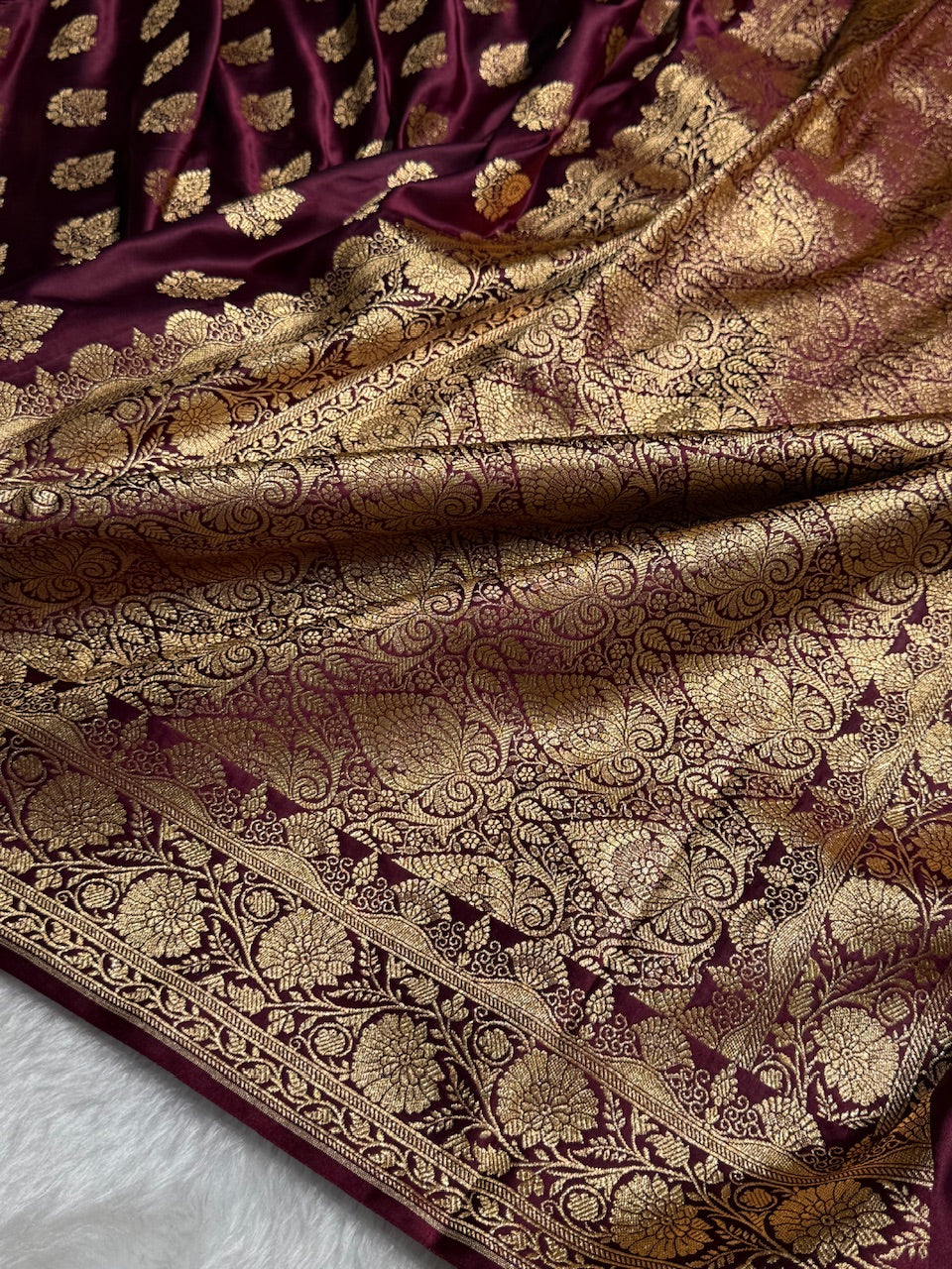 Garnet Floral Boota Pattern Satin Katan Silk saree SK45