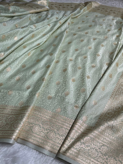 Light Pista Tanchoi Satin Katan Silk Saree SKTM-04
