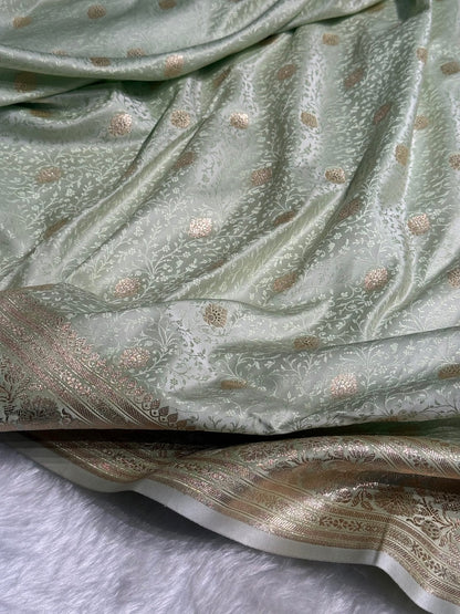 Light Pista Tanchoi Satin Katan Silk Saree SKTM-04