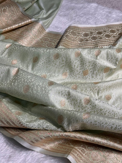 Light Pista Tanchoi Satin Katan Silk Saree SKTM-04