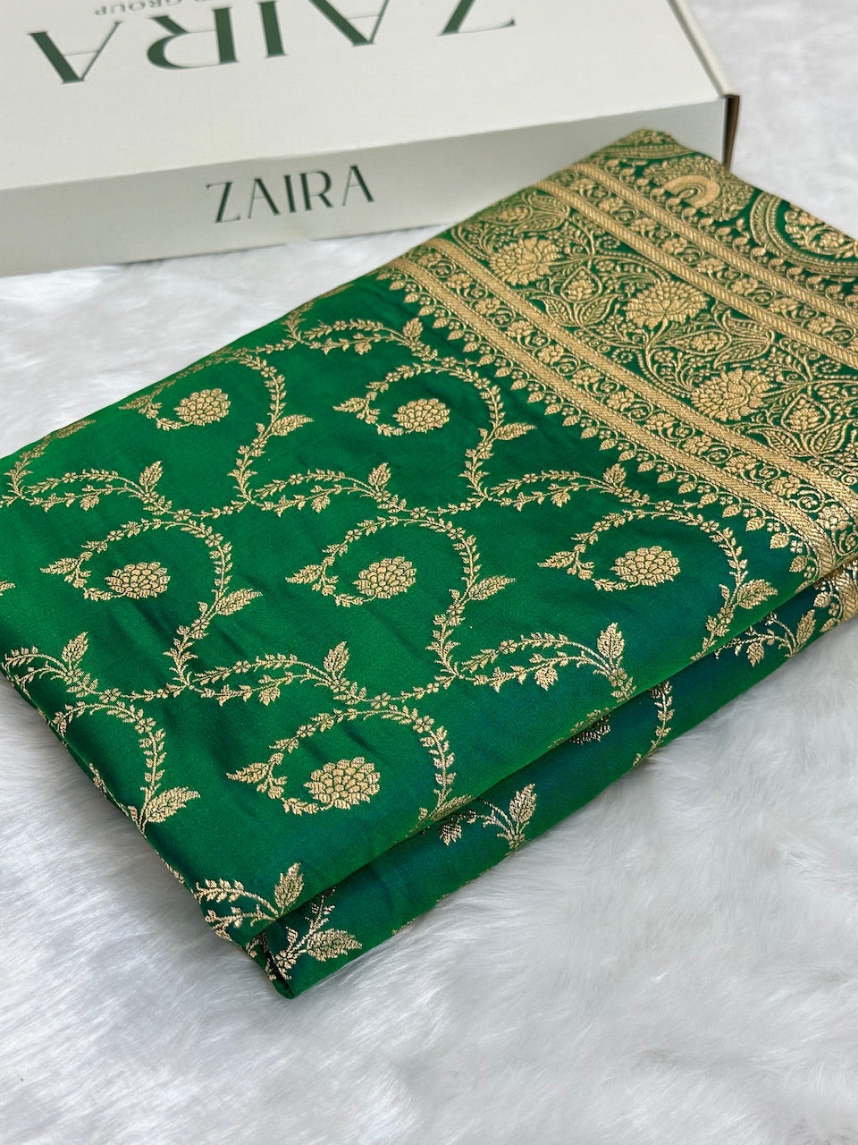 Bottle Green Floral Jaal Pattern Satin Katan Silk saree SK55
