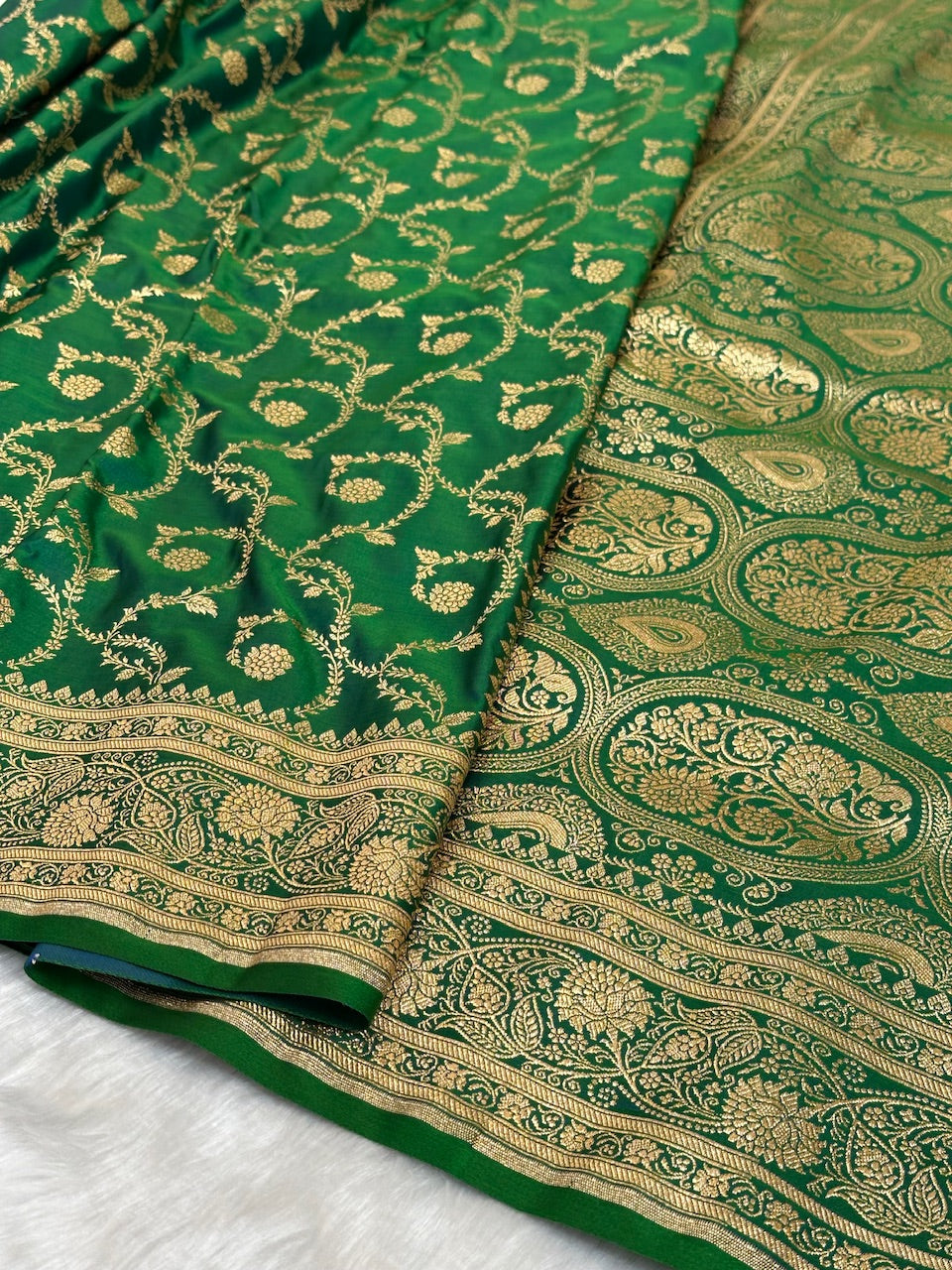 Bottle Green Floral Jaal Pattern Satin Katan Silk saree SK55