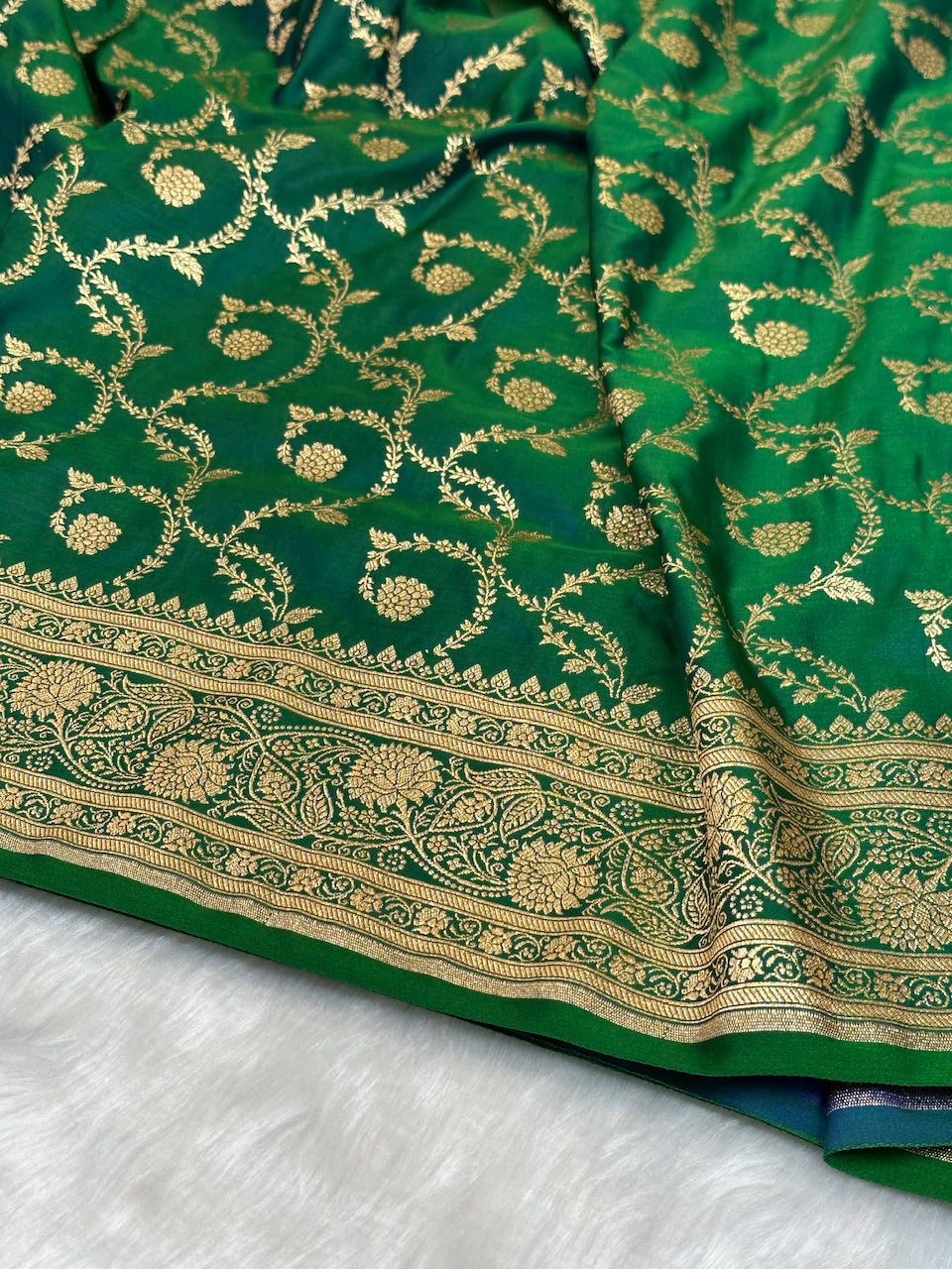 Bottle Green Floral Jaal Pattern Satin Katan Silk saree SK55