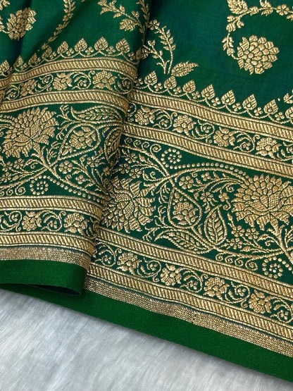 Bottle Green Floral Jaal Pattern Satin Katan Silk saree SK55