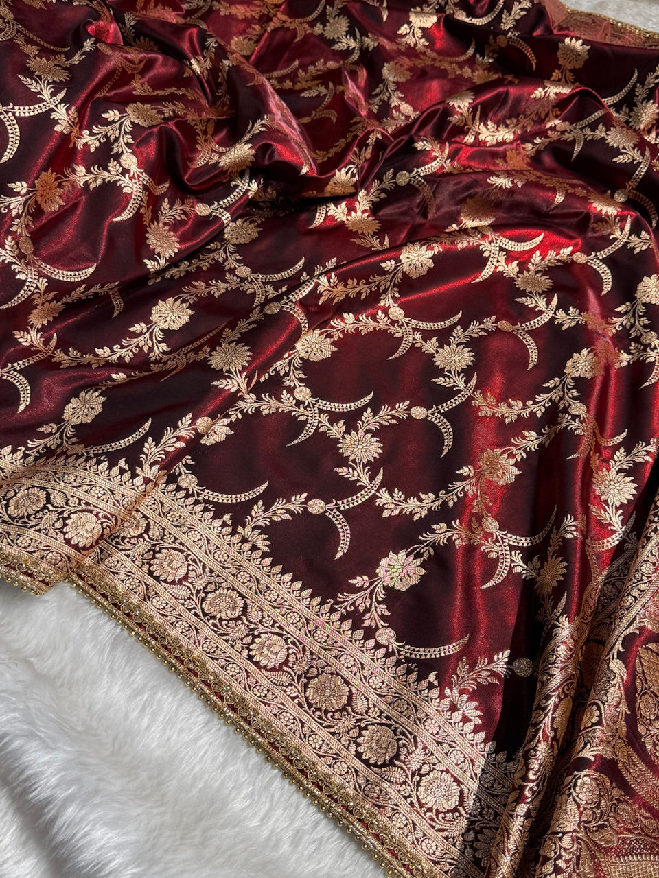 Satin Silk Banarasi Jaal In Maroon Shades with Gota Patti SSGP18
