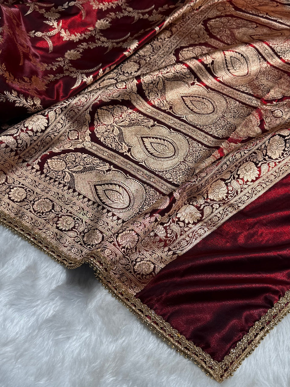 Satin Silk Banarasi Jaal In Maroon Shades with Gota Patti SSGP18