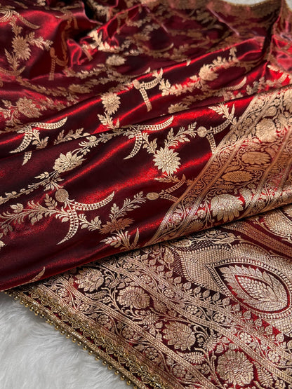 Satin Silk Banarasi Jaal In Maroon Shades with Gota Patti SSGP18