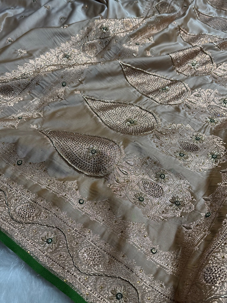 Beige Shades Booti Katan Silk Saree with Stone & Zardozi Work BSK09
