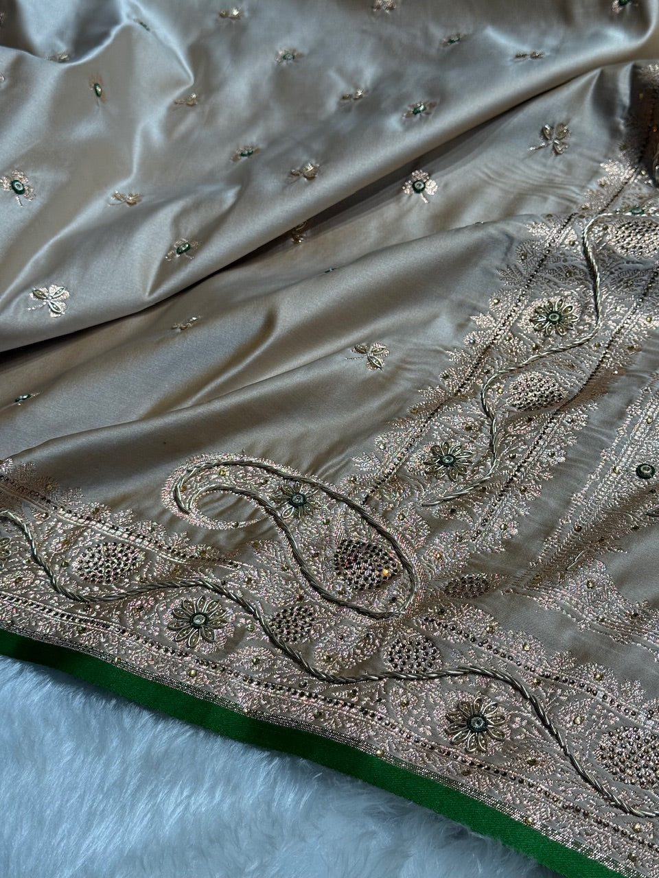 Beige Shades Booti Katan Silk Saree with Stone & Zardozi Work BSK09