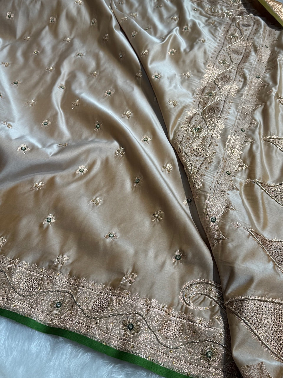 Beige Shades Booti Katan Silk Saree with Stone & Zardozi Work BSK09