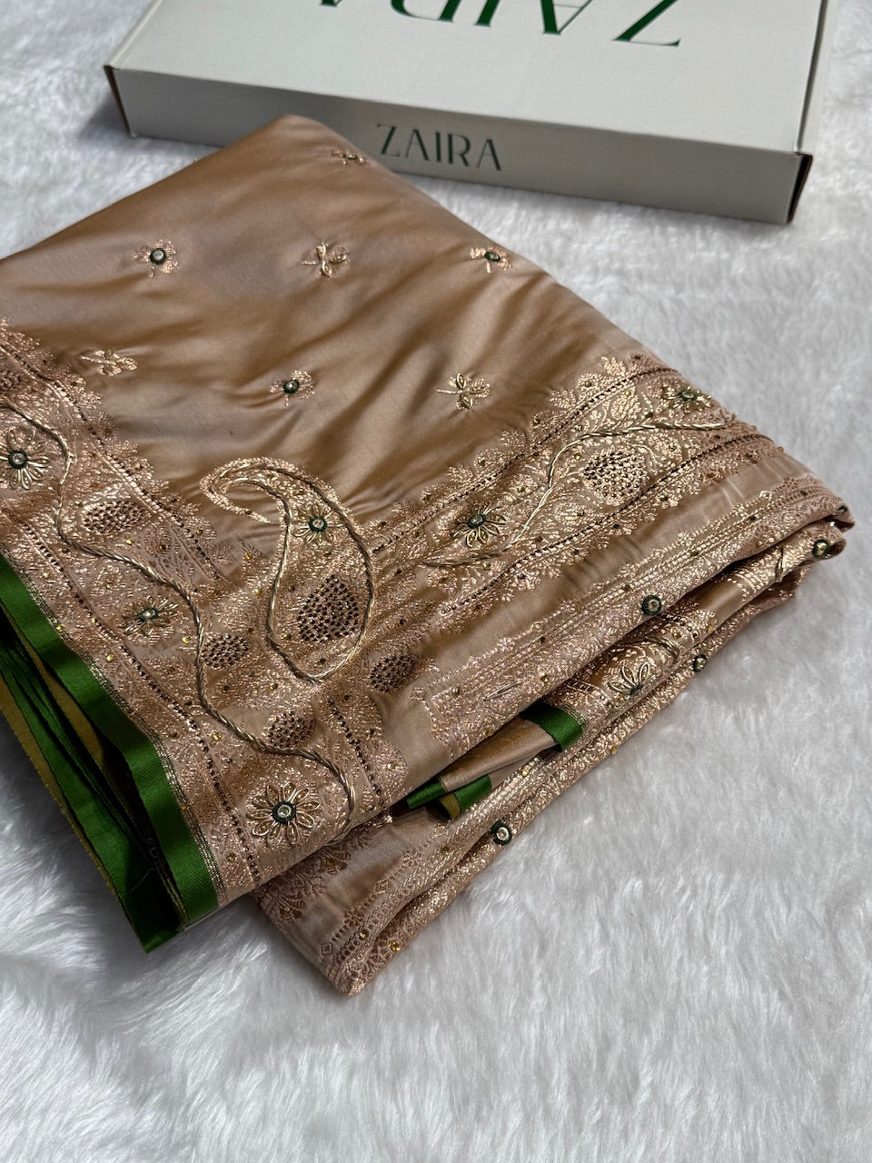 Beige Shades Booti Katan Silk Saree with Stone & Zardozi Work BSK09