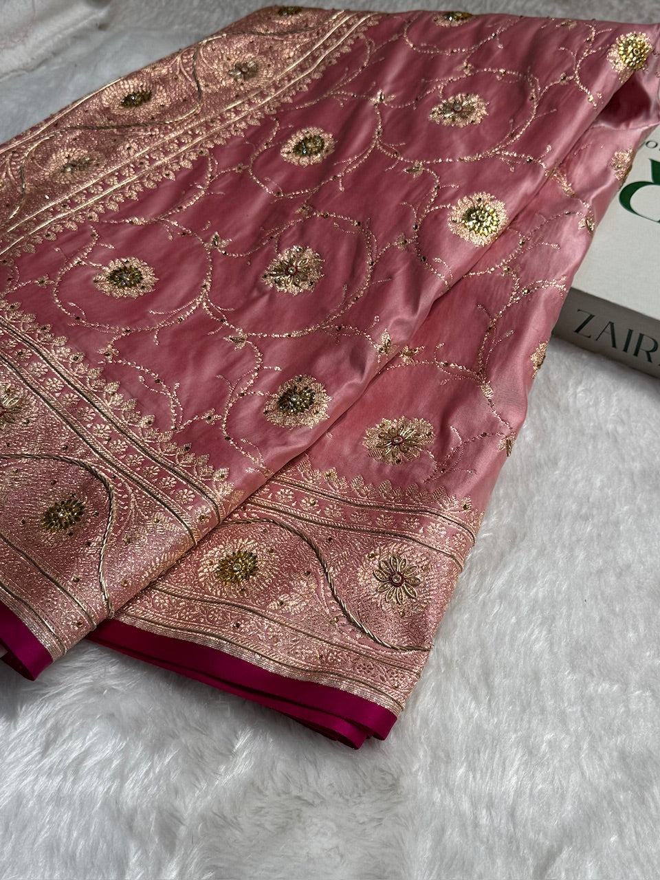 Baby Pink Banarasi Jaal Satin Katan Silk Saree with Stone & Zardozi Work BSK06
