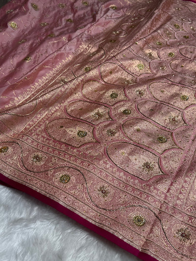 Baby Pink Banarasi Jaal Satin Katan Silk Saree with Stone & Zardozi Work BSK06