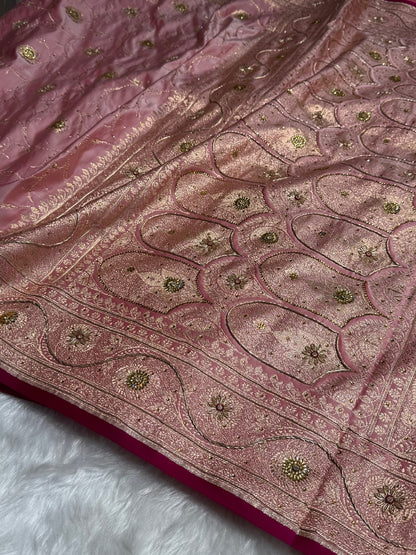 Baby Pink Banarasi Jaal Satin Katan Silk Saree with Stone & Zardozi Work BSK06