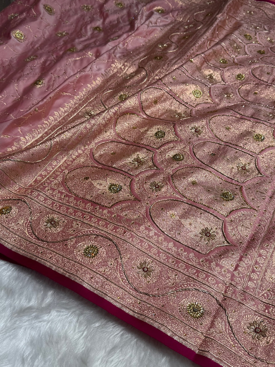 Baby Pink Banarasi Jaal Satin Katan Silk Saree with Stone & Zardozi Work BSK06