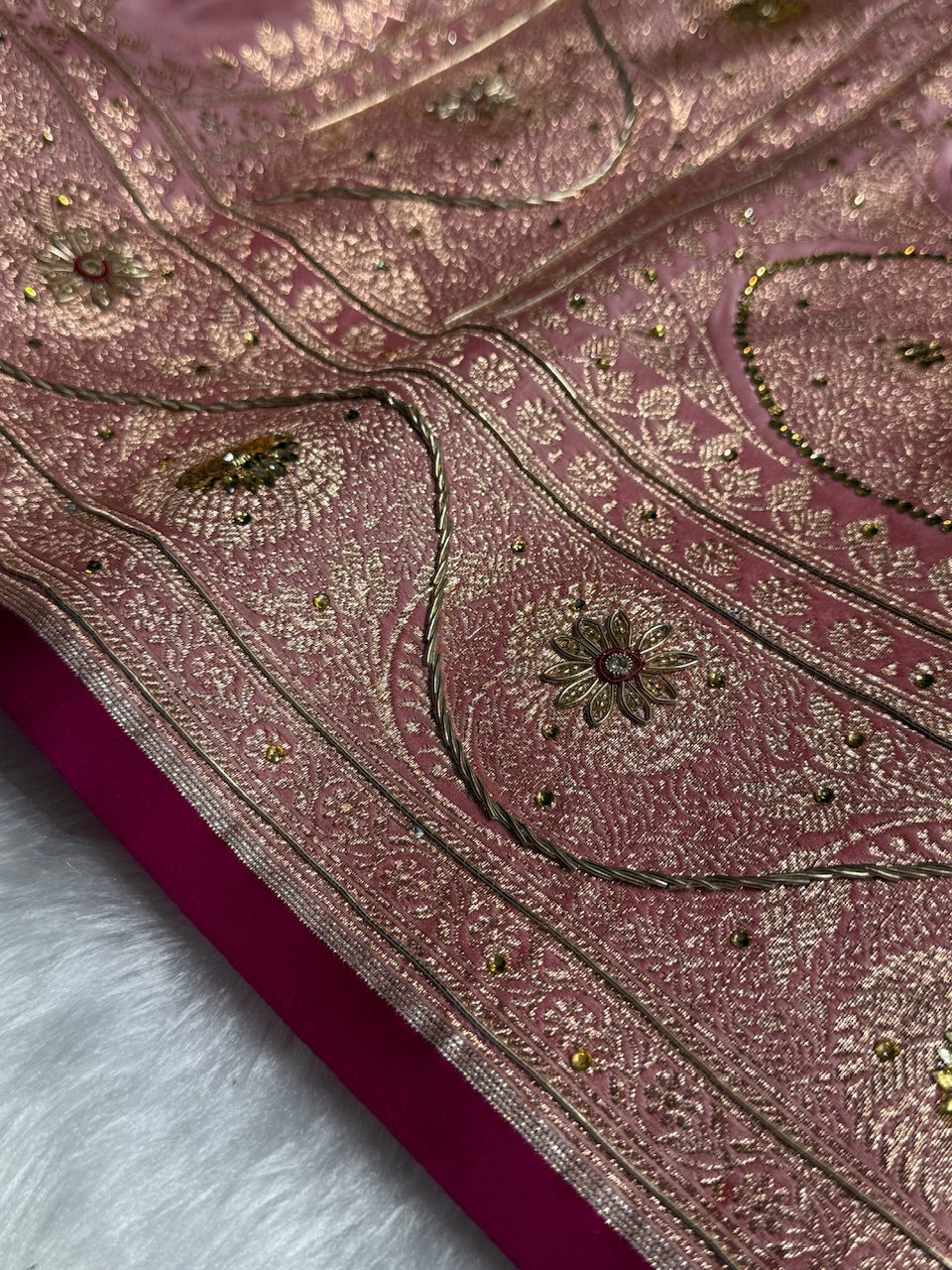 Baby Pink Banarasi Jaal Satin Katan Silk Saree with Stone & Zardozi Work BSK06