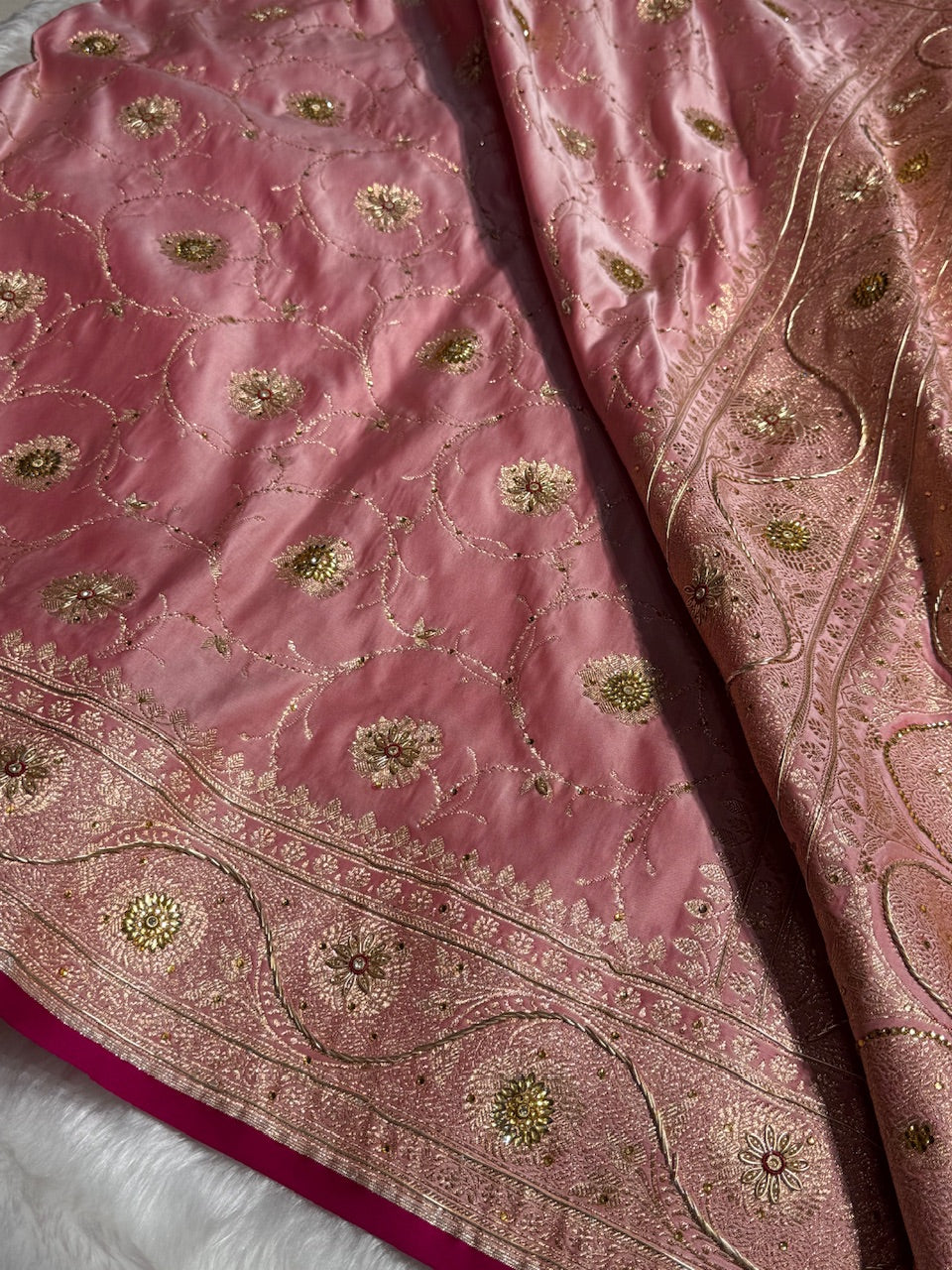 Baby Pink Banarasi Jaal Satin Katan Silk Saree with Stone & Zardozi Work BSK06