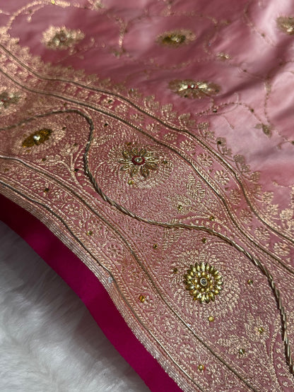 Baby Pink Banarasi Jaal Satin Katan Silk Saree with Stone & Zardozi Work BSK06