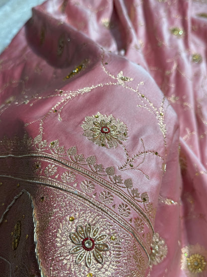 Baby Pink Banarasi Jaal Satin Katan Silk Saree with Stone & Zardozi Work BSK06