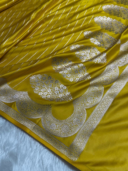 Mustard Scallop Boota Motif Mashru Silk Saree