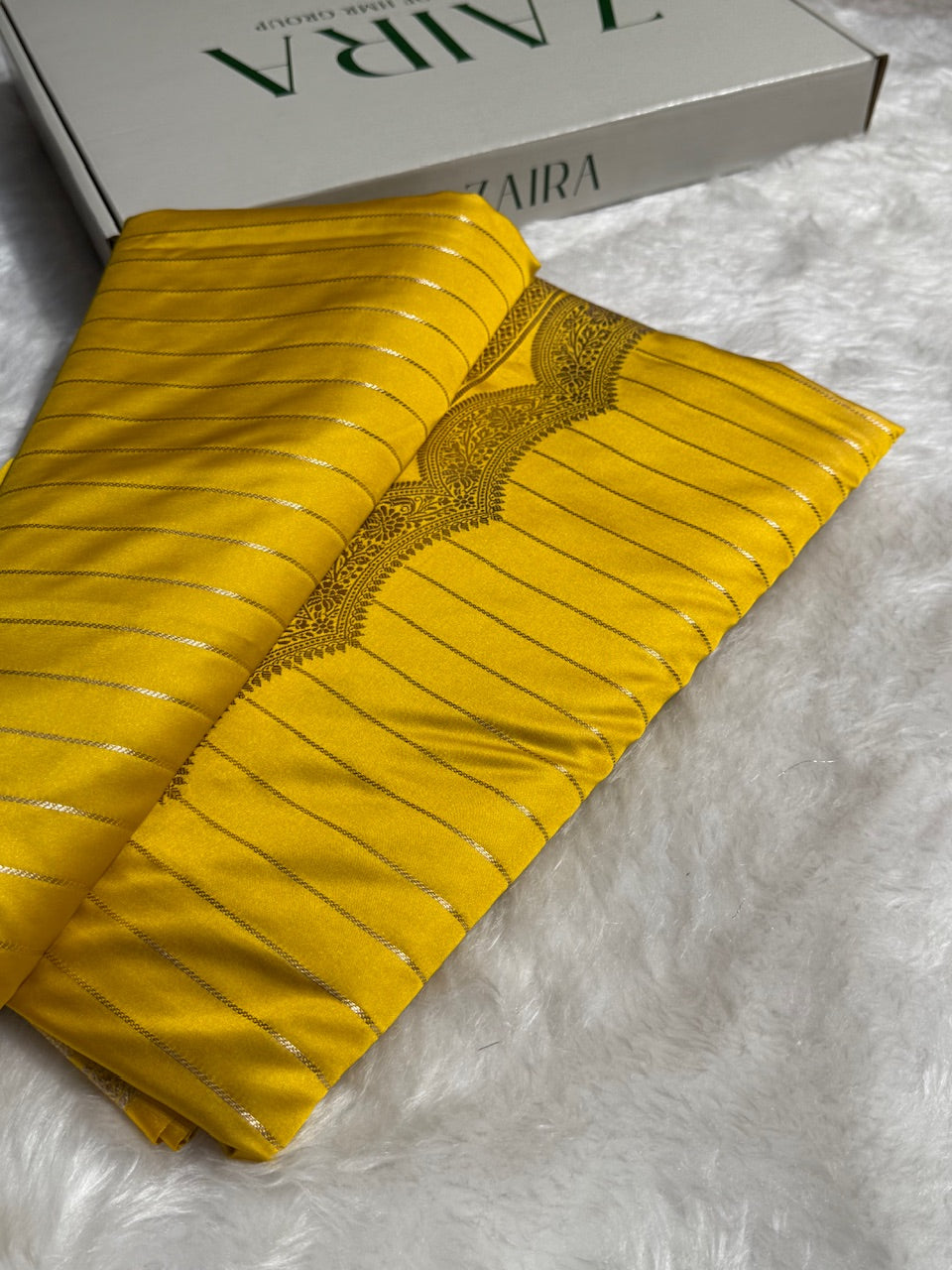 Mustard Scallop Boota Motif Mashru Silk Saree