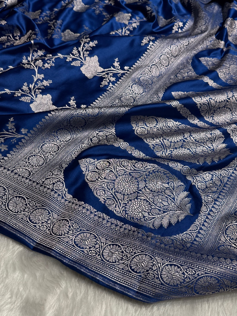 Banarasi Royal Blue Shades Jaal Mashru Silk Saree