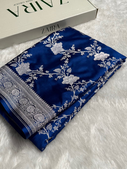Banarasi Royal Blue Shades Jaal Mashru Silk Saree