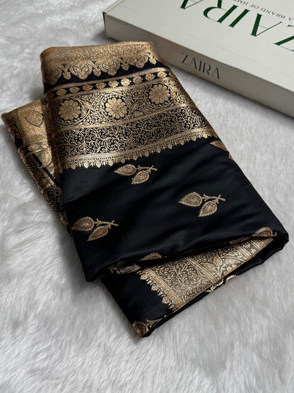Black with Tusser Contrast Floral boota Katan Silk Saree SK16