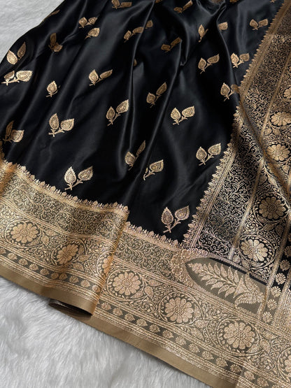 Black with Tusser Contrast Floral boota Katan Silk Saree SK16