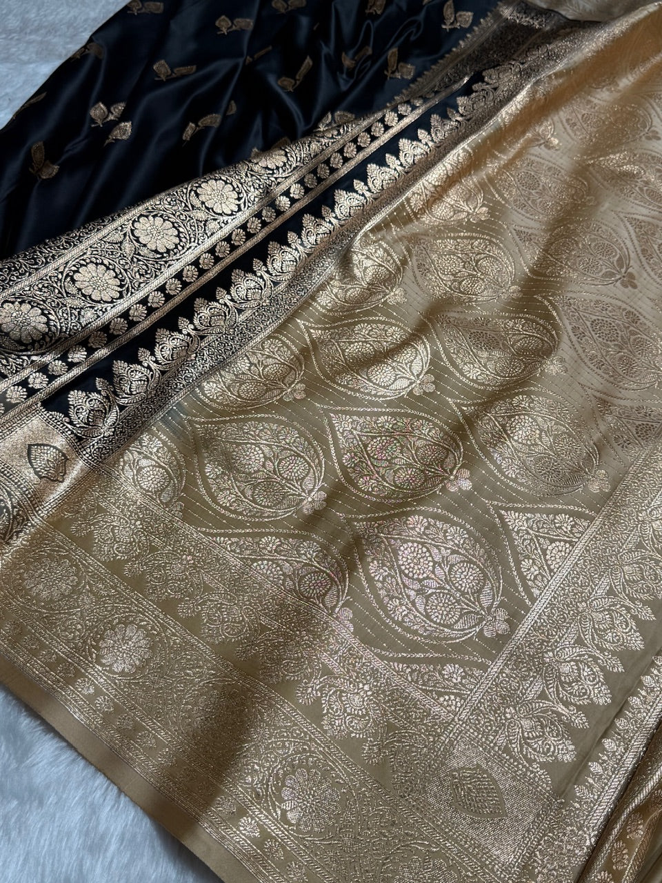 Black with Tusser Contrast Floral boota Katan Silk Saree SK16