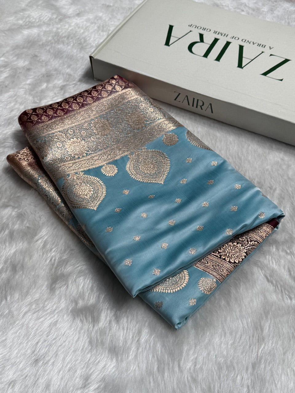 Sky Blue with Chocolate Booti Satin Katan Silk saree SK29
