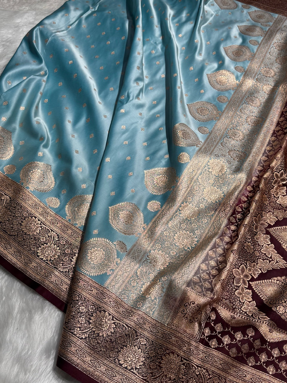 Sky Blue with Chocolate Booti Satin Katan Silk saree SK29