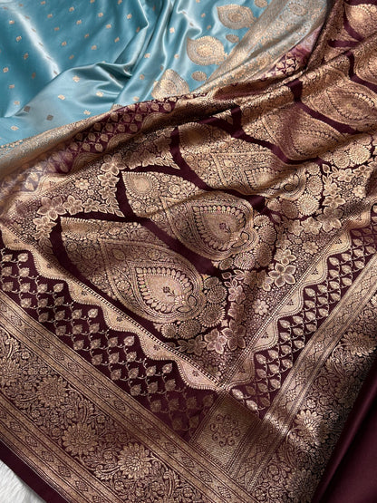 Sky Blue with Chocolate Booti Satin Katan Silk saree SK29