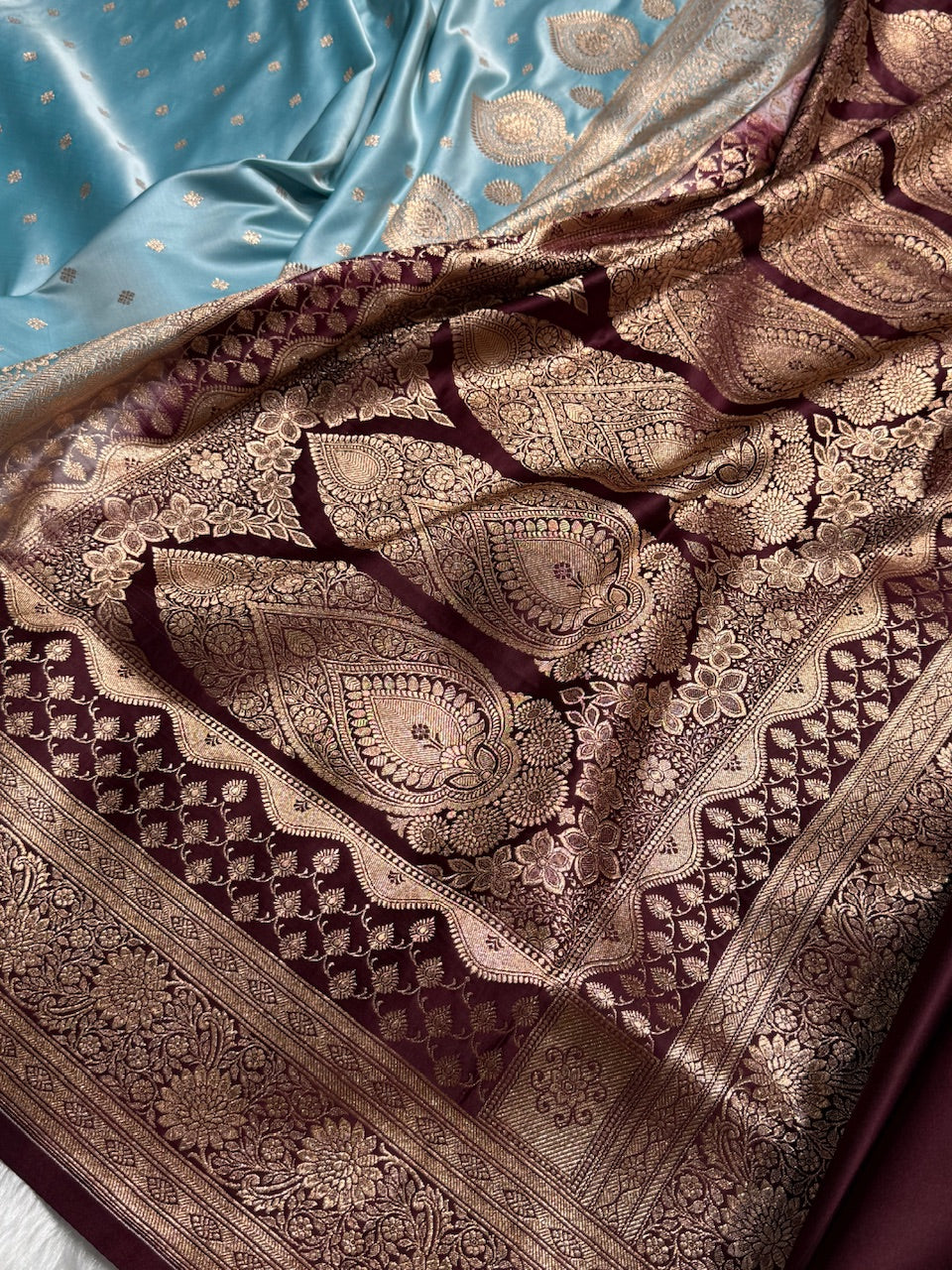 Sky Blue with Chocolate Booti Satin Katan Silk saree SK29