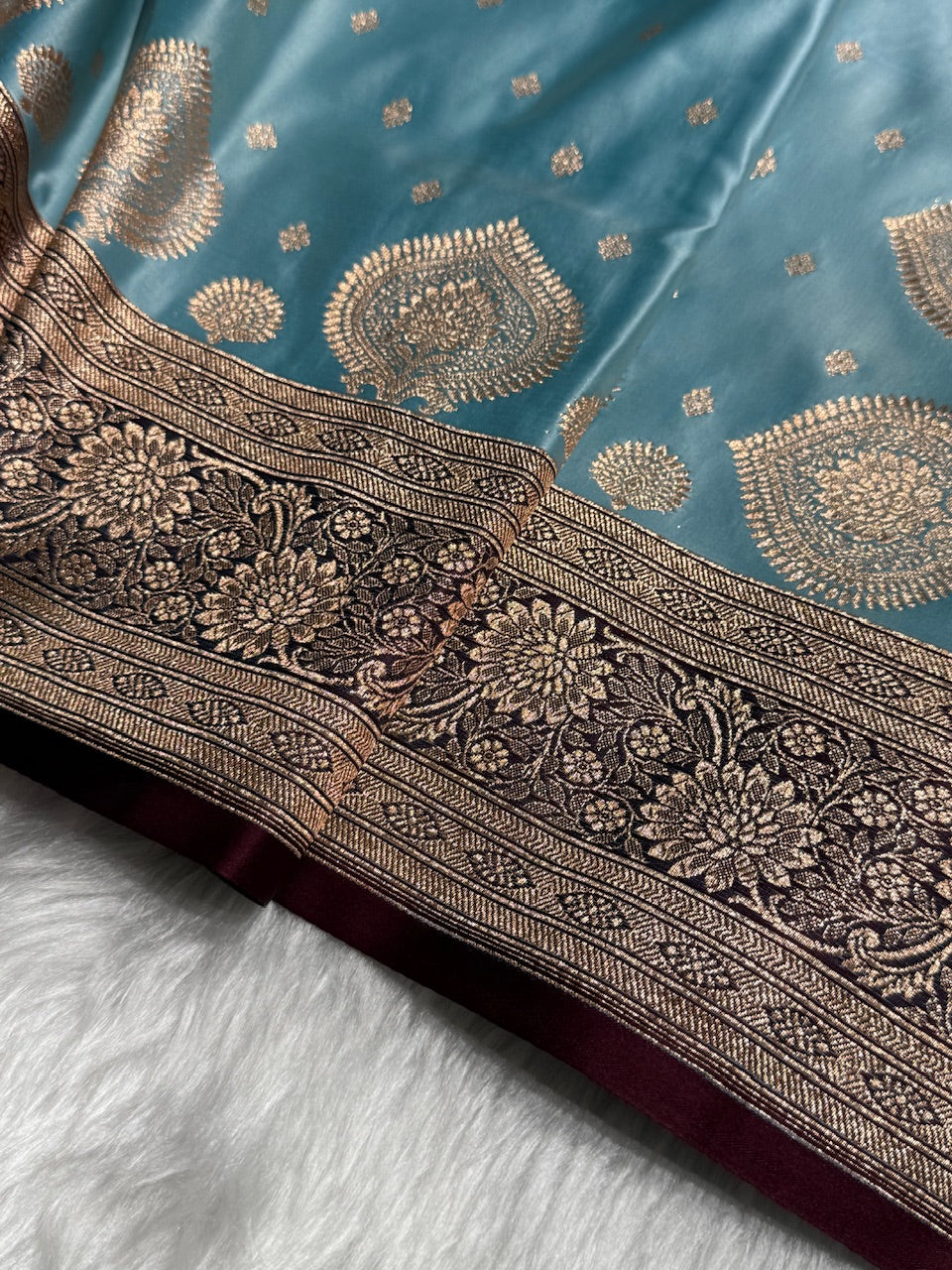 Sky Blue with Chocolate Booti Satin Katan Silk saree SK29
