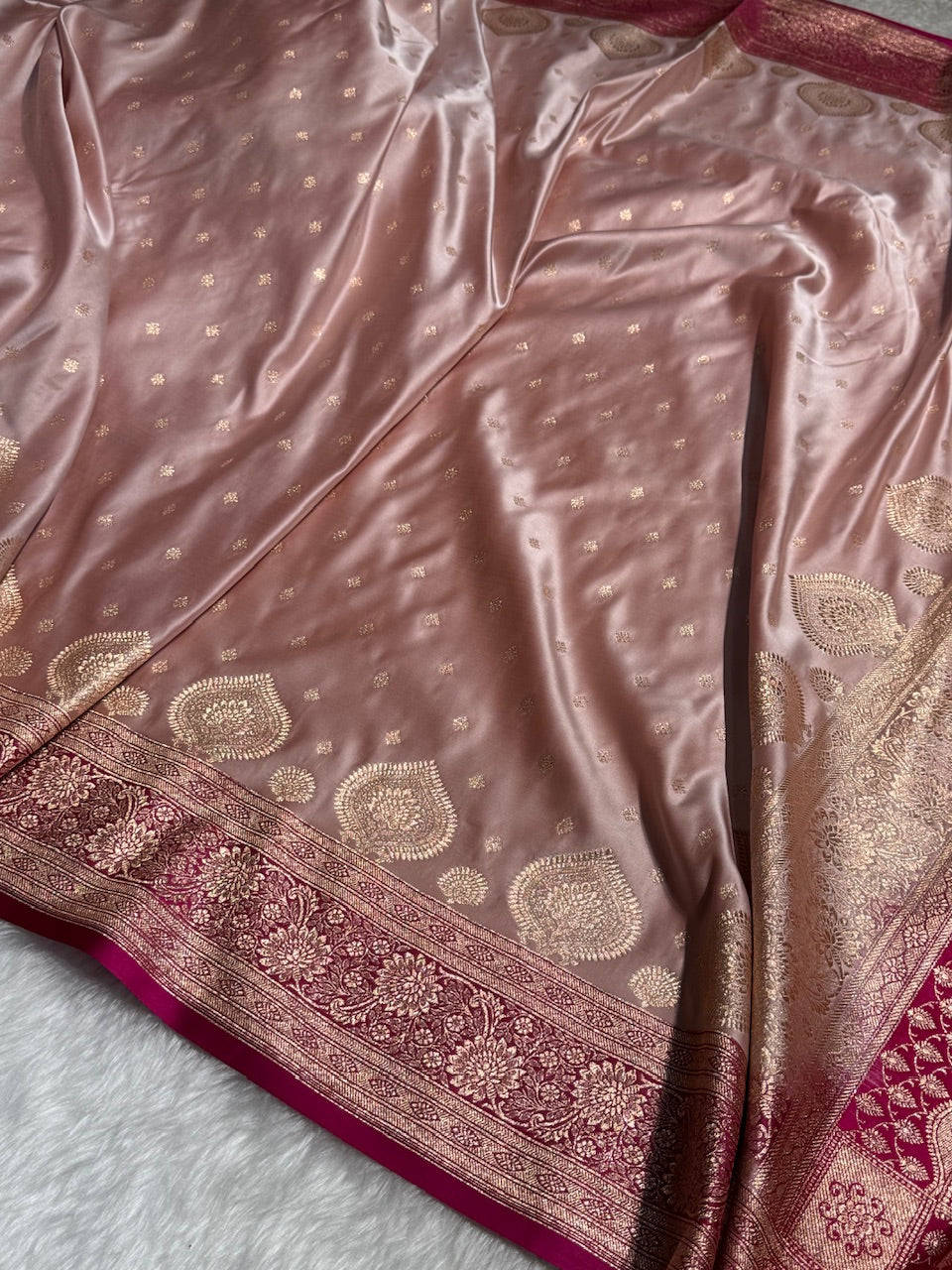 Rose Gold with Rani Booti Satin Katan Silk saree SK29