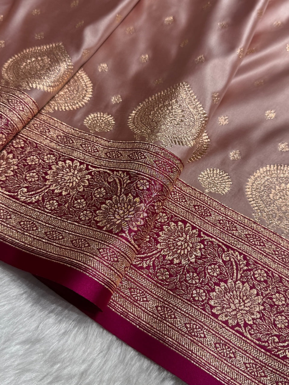 Rose Gold with Rani Booti Satin Katan Silk saree SK29