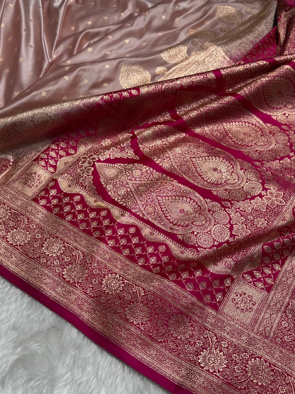 Rose Gold with Rani Booti Satin Katan Silk saree SK29