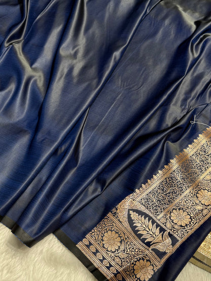 Tusser with Navy Blue Contrast Floral boota Katan Silk Saree SK16