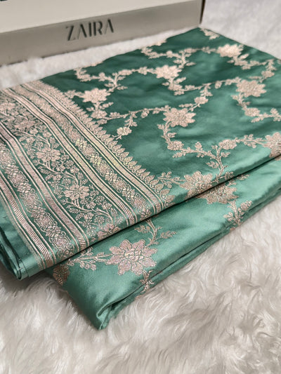 Sea Green Floral Jaal Mashru Silk Saree MCS07
