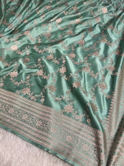 Sea Green Floral Jaal Mashru Silk Saree MCS07